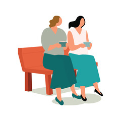 Two Women Talking on a Bench. Friends meeting in a park or cafe for coffee, flat modern vector illustration.