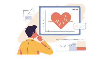 A thoughtful man in a yellow jacket analyzes a digital screen displaying a heart rate graph and other health data visualizations representing medical technology and patient care