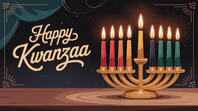 Happy kwanzaa celebration with kinara and candles on wooden table