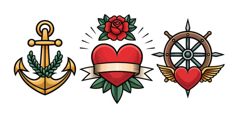 Nautical and Romantic Tattoo- Style Icons anchor rose 2026