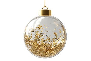 Transparent christmas ornament with gold glitter isolated on white background