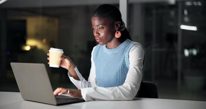Night, coffee or black woman typing with laptop in office, drink or track investment performance. Late research, forecast report or financial analyst with caffeine for energy, stocks strategy or tech