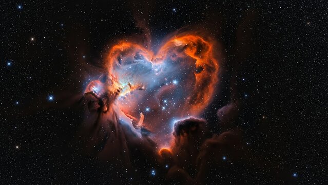 Celestial symbol of love, a spectacular heart-shaped cosmic cloud of gas and dust glowing brightly in the vast, star-filled universe