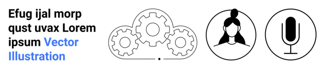 Workflow tools, personal profile, podcasting, user interface, media creation, settings management. Gears, a female profile and a microphone icon. Workflow and podcasting icons for modern