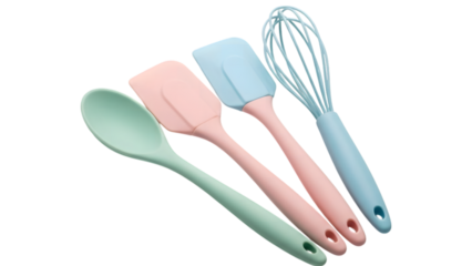 Set of pastel silicone baking utensils isolated on transparent background
