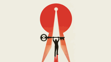 Silhouette of a person holding a large ornate key above their head in front of a glowing red keyhole symbolizing opportunity and access