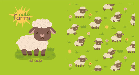 Obraz premium Delightful vector illustration featuring a charming pattern of adorable cartoon sheep on a bright green background. Perfect for children s designs, fabrics, textiles and farm-themed projects.