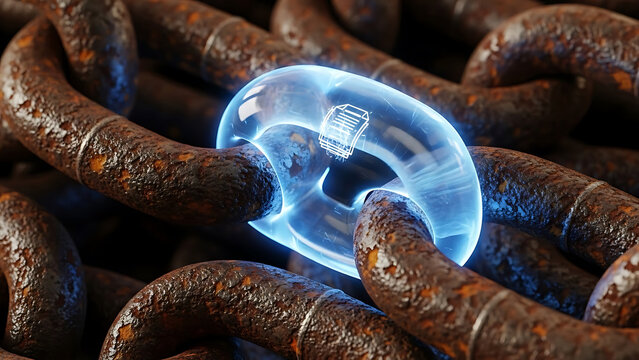 Blockchain concept with glowing digital data link in old rusty metal chain.