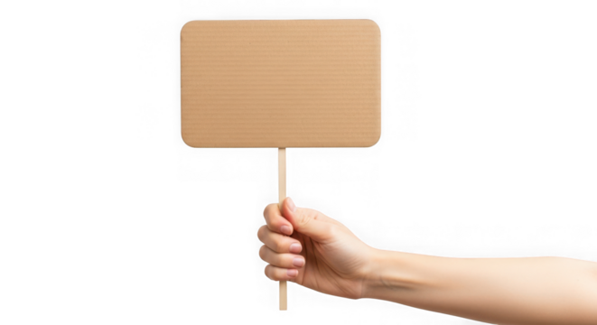 Hand holding a blank square cardboard sign on a stick isolated on transparent background