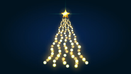 Christmas tree with gold shining star and lights on dark navy background