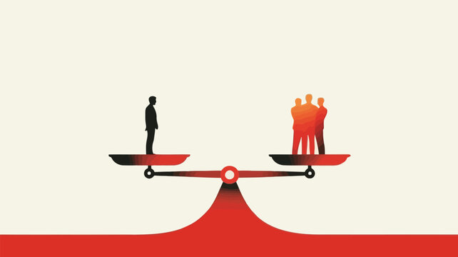 A single person is weighed against a group of three people on a balanced scale symbolizing inequality disparity or the concept of one versus many
