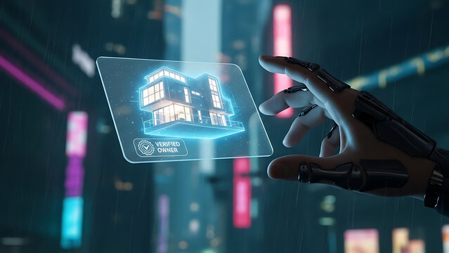 Cyborg hand interacting with holographic modern house, verified owner display