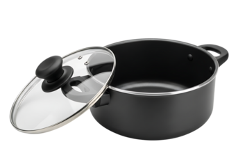 A sleek black cooking pot with a clear glass lid rests on a dark background ready for culinary creations