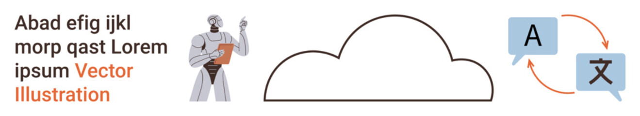 Artificial intelligence, cloud computing, language translation, digital communication, data storage, automated systems. Robot holding device, cloud outline, speech bubbles with translation symbols