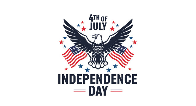 A patriotic 4th of July Independence Day emblem featuring a powerful bald eagle with spread wings holding two American flags.