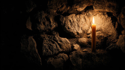 Naklejka premium A single candle illuminates a stone wall in a dark, mysterious setting. The warm glow of the candle contrasts with the rough texture of the stone, creating a sense of peace and hope in the darkness