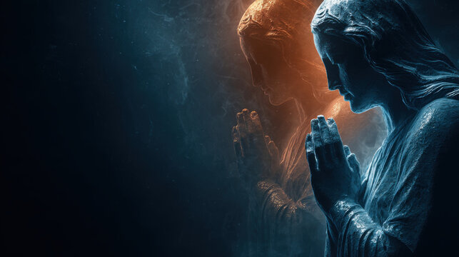 A serene depiction of prayer and faith, with a heavenly glow. Image portrays a figure in prayer, bathed in ethereal light, evoking themes of faith and spirituality, with sense of divine connection