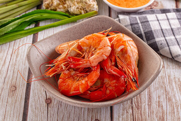 Delicous boiled tiger prawn with sauce
