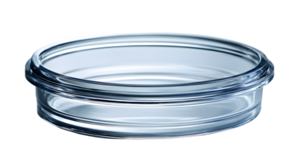 A clear glass petri dish on a black background shows the dish with its circular shape and reflective surface