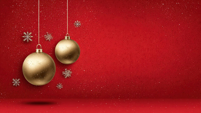 Christmas greeting card with golden ornaments snowflakes on red background. Festive Christmas background with hanging golden ornaments snowflakes against red backdrop, perfect for holiday greetings