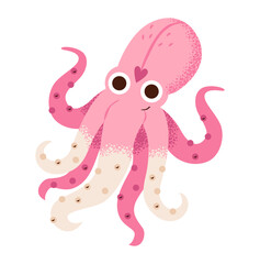 Adorable cartoon illustration of a pink octopus with large eyes and heart detail, featuring playful tentacles and a happy expression.