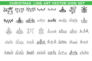 Christmas Line Art Vector Icon Set – Holiday, Winter, Santa, Gifts, Decorations & Festive Outline Icons