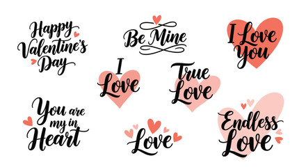 A lovely collection of Valentine's Day calligraphic phrases and love quotes with pink hearts for romantic greeting cards.
