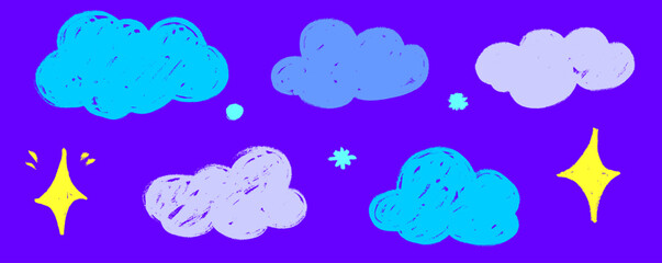 A whimsical illustration of cloud forms with pastel gradients and bold crayon texture, glowing with small star motifs. Pastel colors, cloud shapes, crayon lines and star details create a soft doodle s