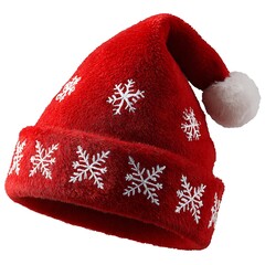Red santa hat with snowflake pattern isolated on white background for christmas