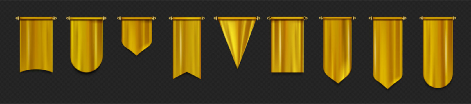 Gold pennant flags mockup, blank golden banners