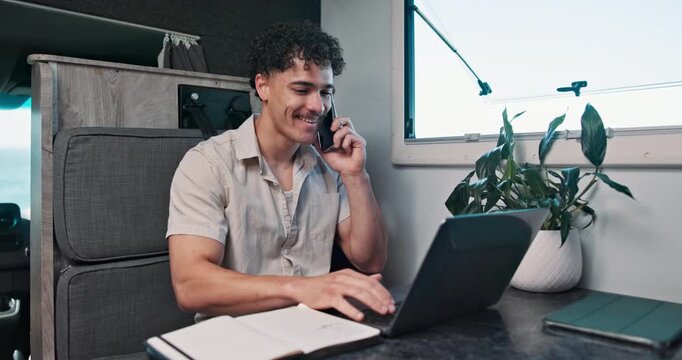 Reading, laptop and phone call with man in van for blog, freelancer or holiday review. Road trip advisor, online guide and remote work with person in campervan vehicle for contact or digital nomad