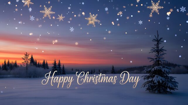 Winter wonderland christmas day scene with snowflakes and sunset sky