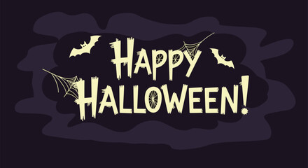 A spooky and fun 'Happy Halloween' greeting with creepy lettering bats and spiderwebs on a dark purple background.