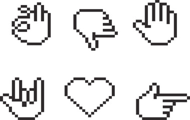 Fototapeta premium Minimalist pixel art hand gesture vector icon set: includes like, dislike, stop, rock on, heart, and pointer symbols for web and gaming