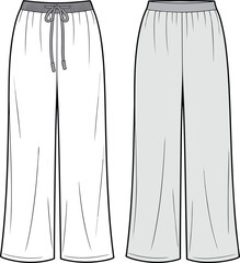 Front and back view of wide-leg pants with elastic waistband and drawstring trousers culottes