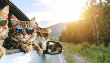 Funny portrait of cats in sunglasses in the car on road trip. Panoramic banner, travel concept