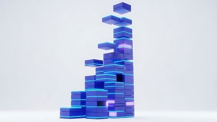 A modern abstract 3D rendered illustration featuring a vertical stack of geometric blue rectangular blocks arranged in a rising step formation, resembling a financial bar chart or digital data equaliz