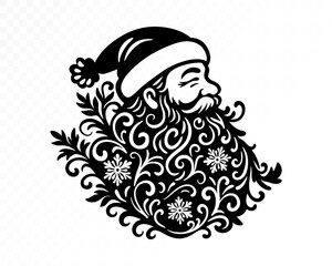 Ornate Santa Claus face with decorative swirling beard, floral Christmas elements and festive winter details designed in elegant monochrome silhouette style for seasonal holiday projects.