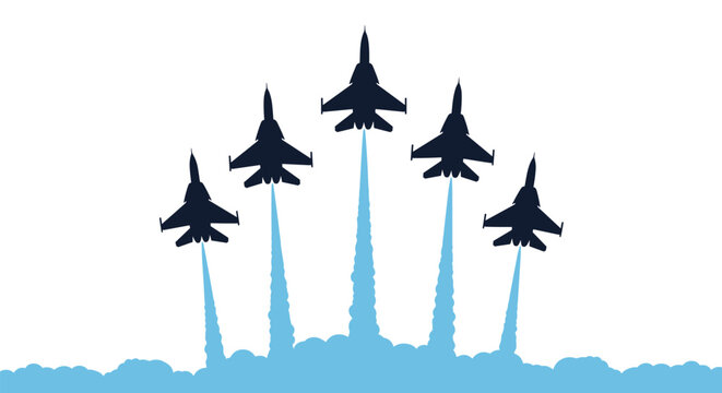 Five fighter jets performing an aerobatic maneuver flying vertically upwards leaving blue smoke trails from a cloud base at an airshow.