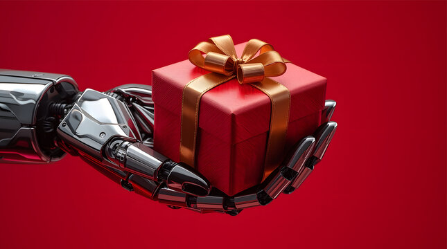robot holding gift box on red background