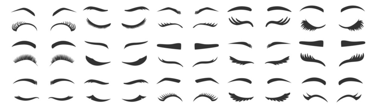 Eyelash and eyebrow silhouette collection, beauty lashes and brows vector set, cosmetic eye shapes, fashion makeup illustration on transparent background