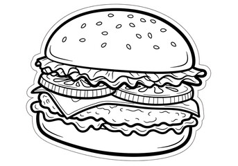 A detailed line art illustration of a classic double patty cheeseburger with lettuce and toppings on a dark background