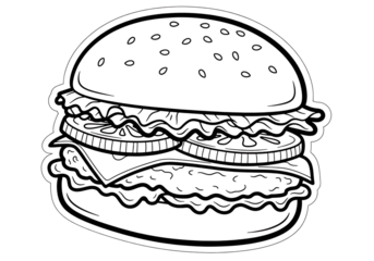 A detailed line art illustration of a classic double patty cheeseburger with lettuce and toppings on a dark background
