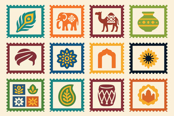 Rajasthan Cultural Stamp Icon Set with Traditional Folk Motifs