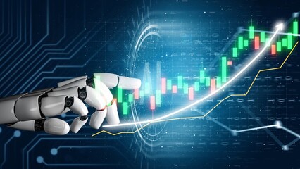 A futuristic robotic hand interacts with fluctuating financial graphs, representing innovation in technology, finance, and data analytics in modern business. Copula