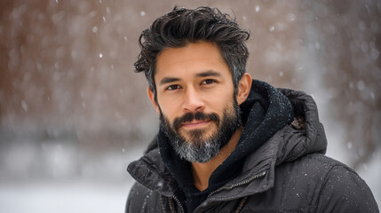 A young man smiles in a snowy winter forest. A guy walks outside in a park. Portrait of a man in the fresh air in winter. An active lifestyle in winter during vacation or holidays.