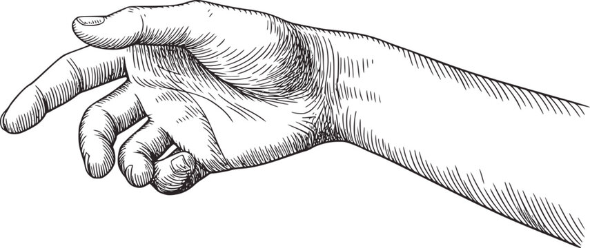 Black and white line drawing of a human hand pointing