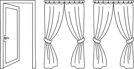 Black and white line drawing of an open door and two sets of curtains