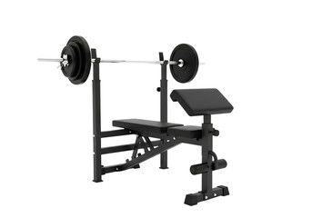 Adjustable weight bench with barbell and weight plates for strength training and home gym workouts