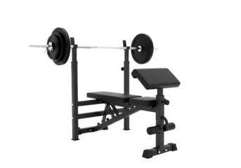 Adjustable weight bench with barbell and weight plates for strength training and home gym workouts